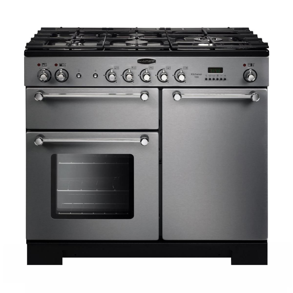 Stainless steel 100cm gas range cooker with chrome trim, featuring five gas burners, two ovens, and control knobs on the front panel.