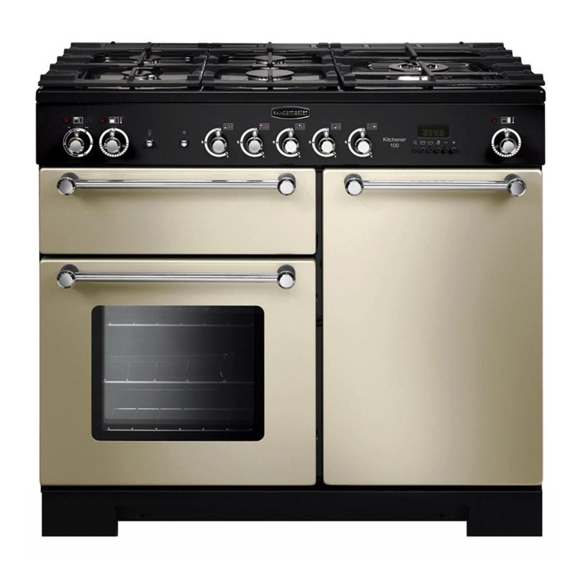 Cream-colored Rangemaster KITCHENER 100cm gas range cooker with chrome trim, featuring five gas burners, dual ovens, and stainless steel control knobs.
