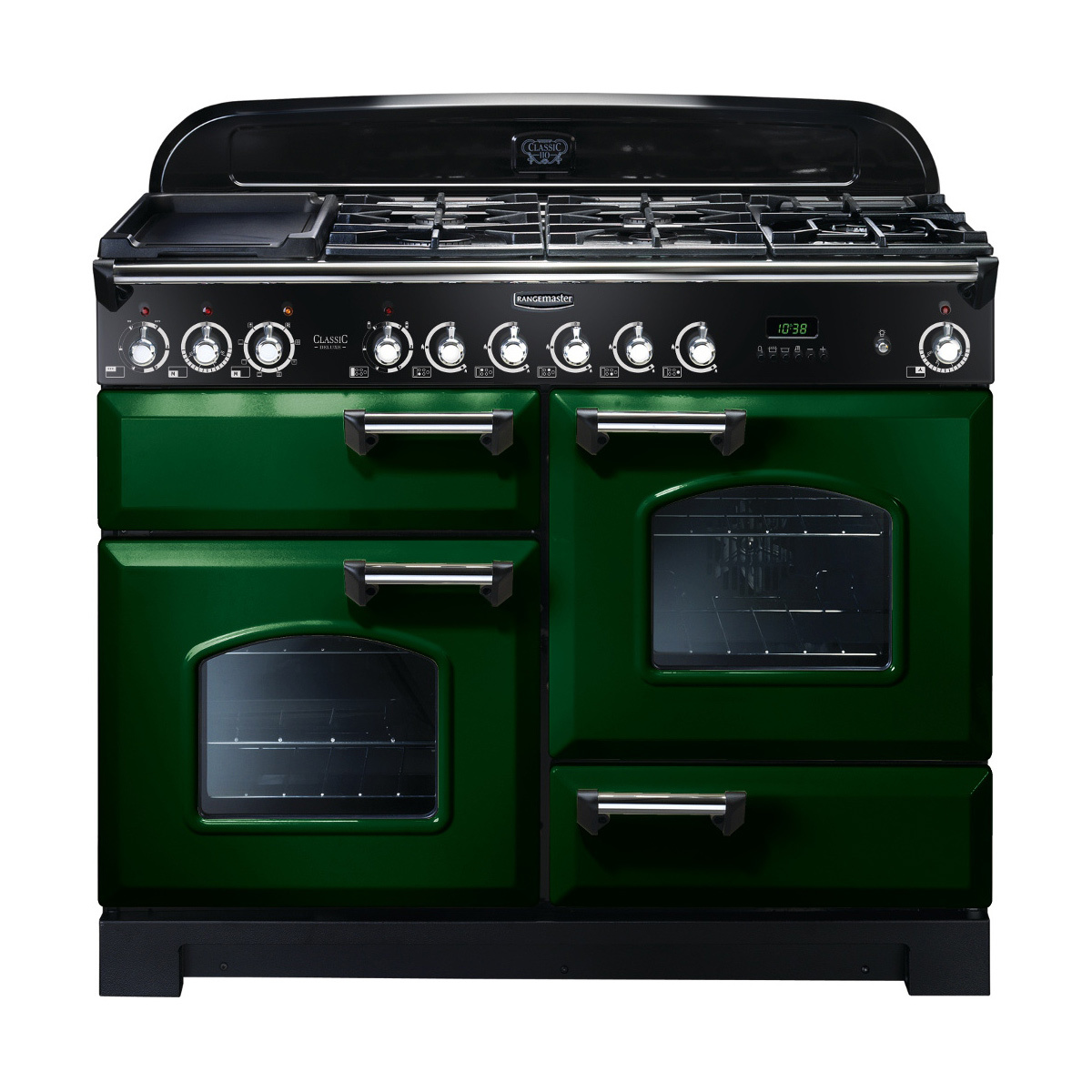 Classic Deluxe 110cm dual fuel range cooker in Racing Green with chrome trim, featuring four gas burners, a griddle, and two large oven compartments with glass doors.