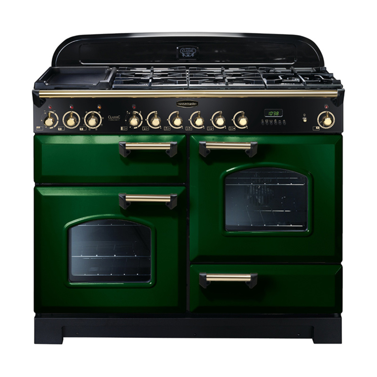 Classic Deluxe 110cm dual fuel range cooker in racing green with brass trim, featuring four gas burners, a griddle, and two ovens with glass doors.