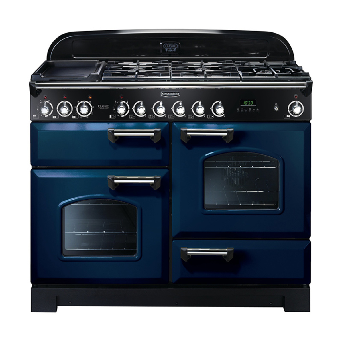 Classic Deluxe 110cm dual fuel range cooker in regal blue with chrome trim, featuring four gas burners, a griddle, and two ovens with glass windows and chrome handles.