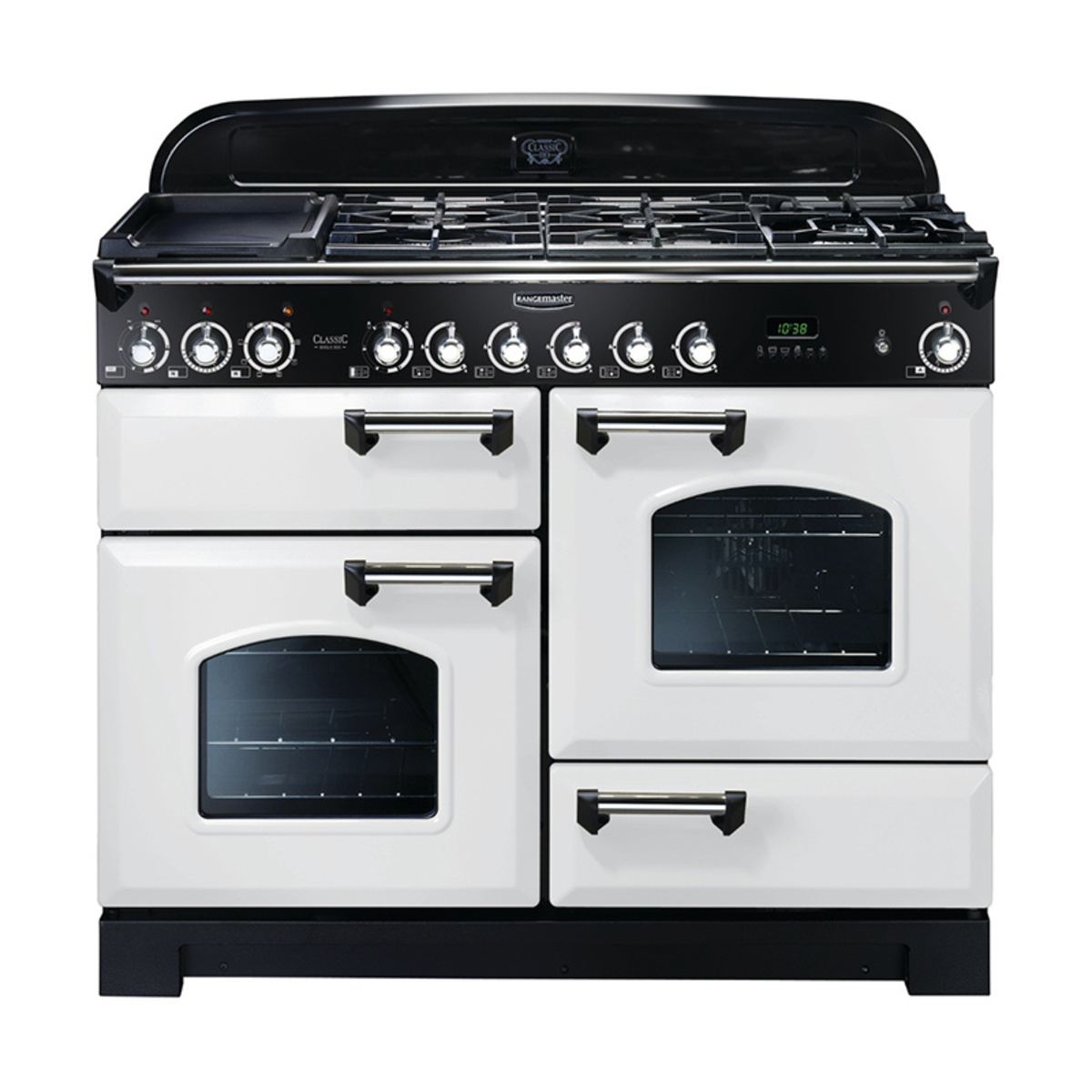 Classic Deluxe 110cm dual fuel range cooker in white with chrome trim, featuring four gas burners, a griddle, and two large glass-fronted ovens.