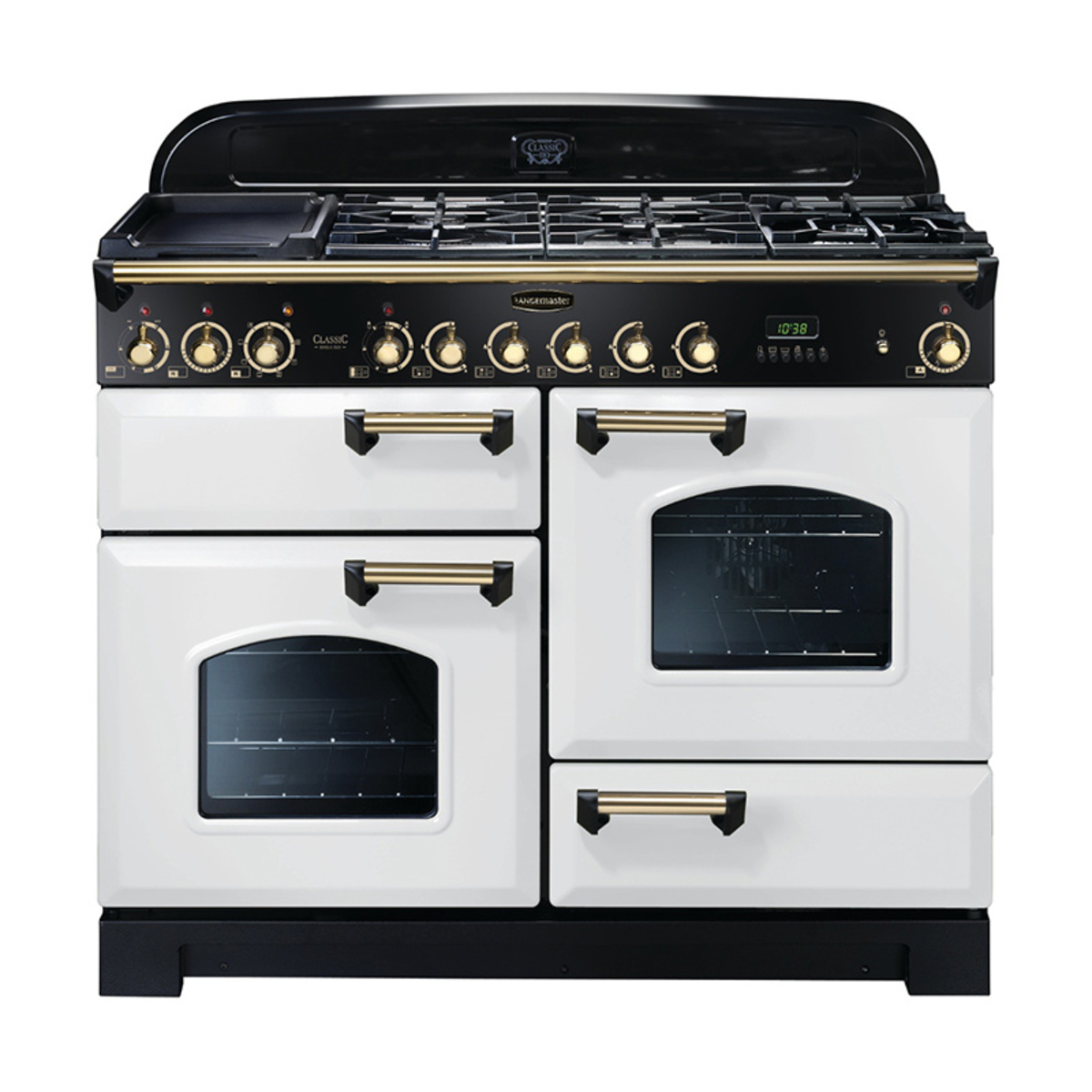 Classic Deluxe 110cm dual fuel range cooker in white with brass trim, featuring four gas burners, two ovens with glass doors, and a sleek black control panel.
