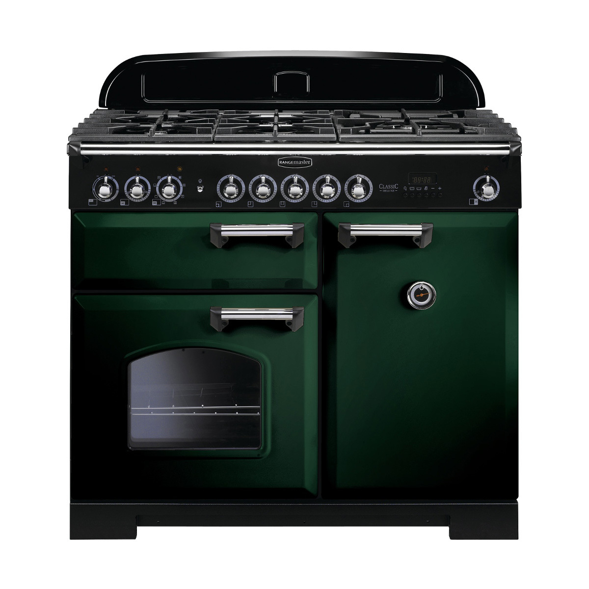 Classic Deluxe 100cm dual fuel range cooker in racing green with chrome trim, featuring multiple gas burners, an oven with a glass door, and stylish control knobs.