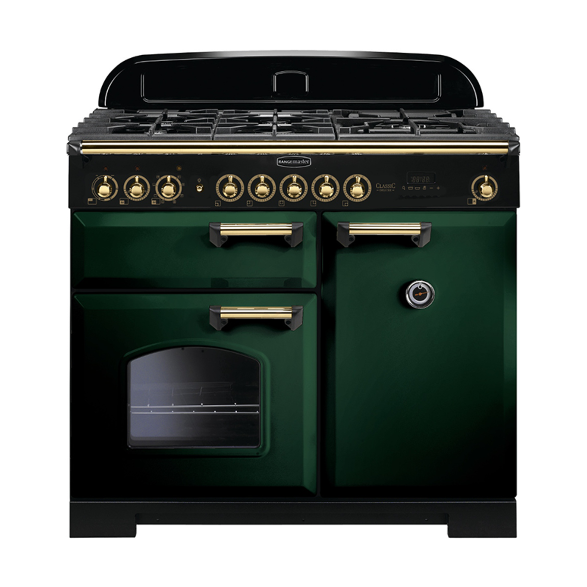 Classic Deluxe 100cm dual fuel range cooker in racing green with brass trim, featuring a black control panel, multiple burners, and a large oven with a glass window.