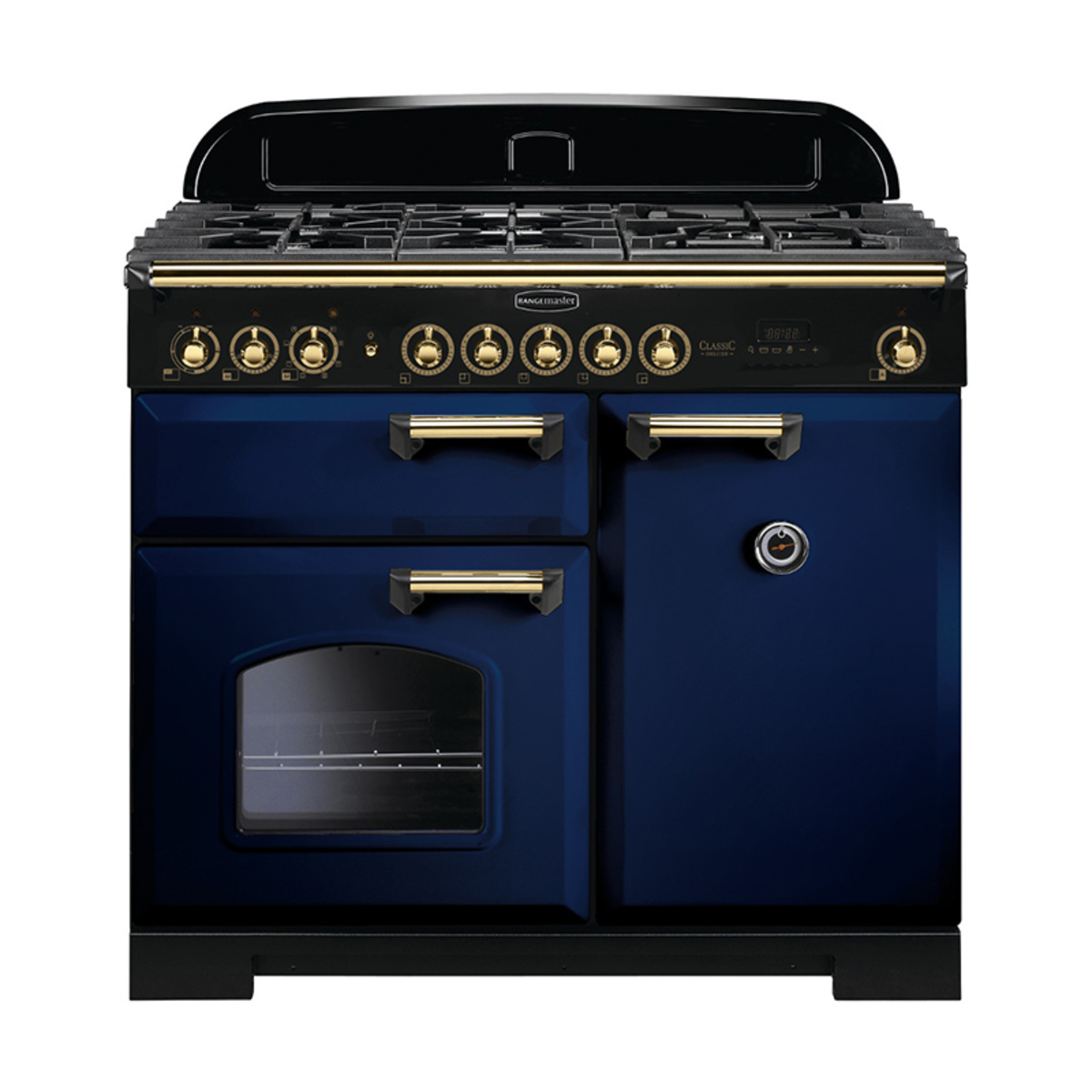 Classic Deluxe 100cm dual fuel range cooker in regal blue with brass trim, featuring a five-burner gas hob, two ovens, and stylish control knobs.