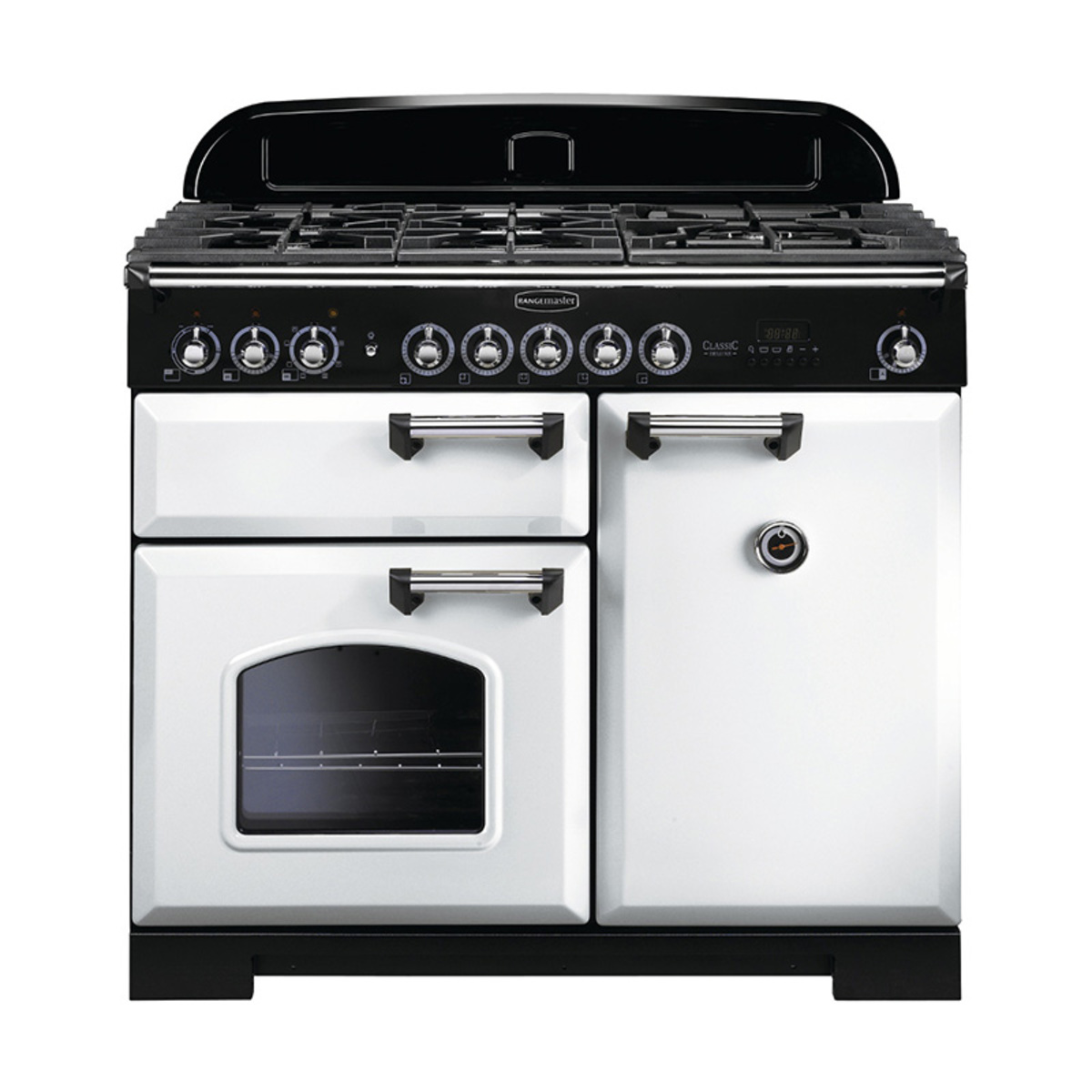 Classic Deluxe 100cm dual fuel range cooker in white with chrome trim, featuring multiple burners, two ovens, and a sleek black control panel.