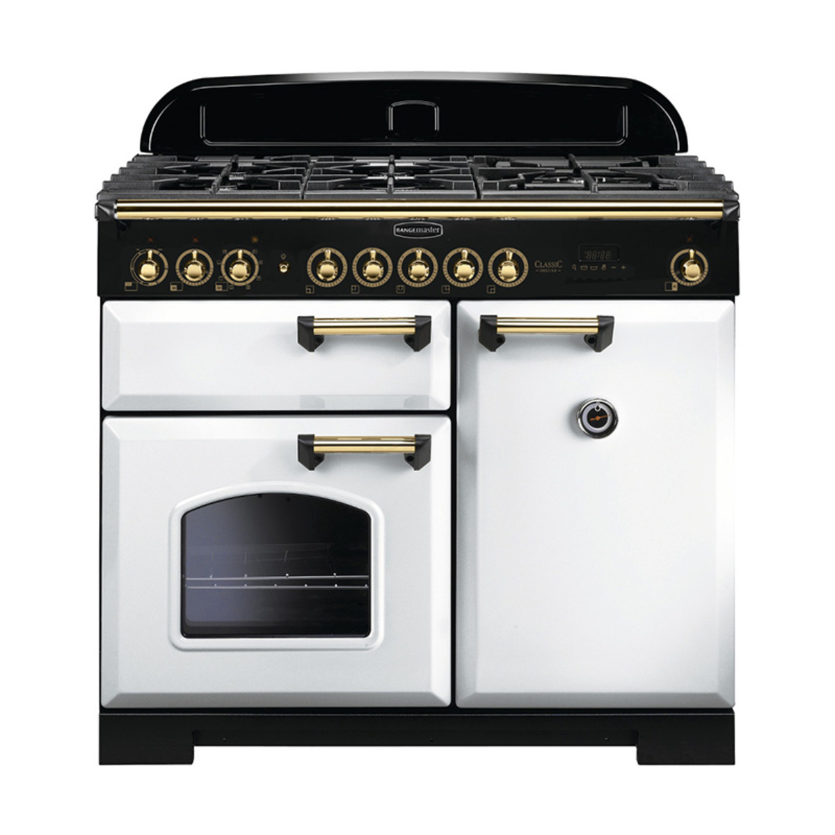 Classic 100cm dual fuel range cooker in white with brass trim, featuring a black control panel, multiple gas burners, and an oven with a glass door.