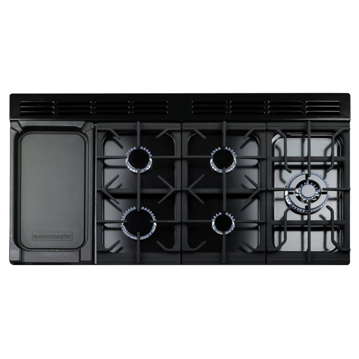 Classic Deluxe 110cm dual fuel range cooker in olive green with brass trim, featuring five gas burners, a griddle, and a sleek black enamel finish.
