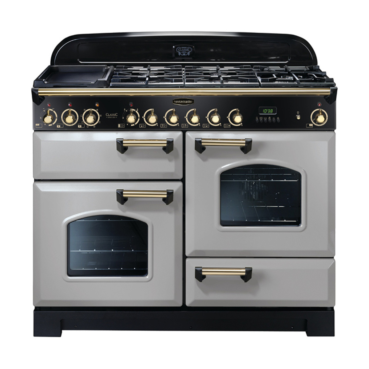 Classic Deluxe 110cm dual fuel range cooker in Royal Pearl with brass trim, featuring five gas burners, a griddle, and two large glass-fronted ovens.