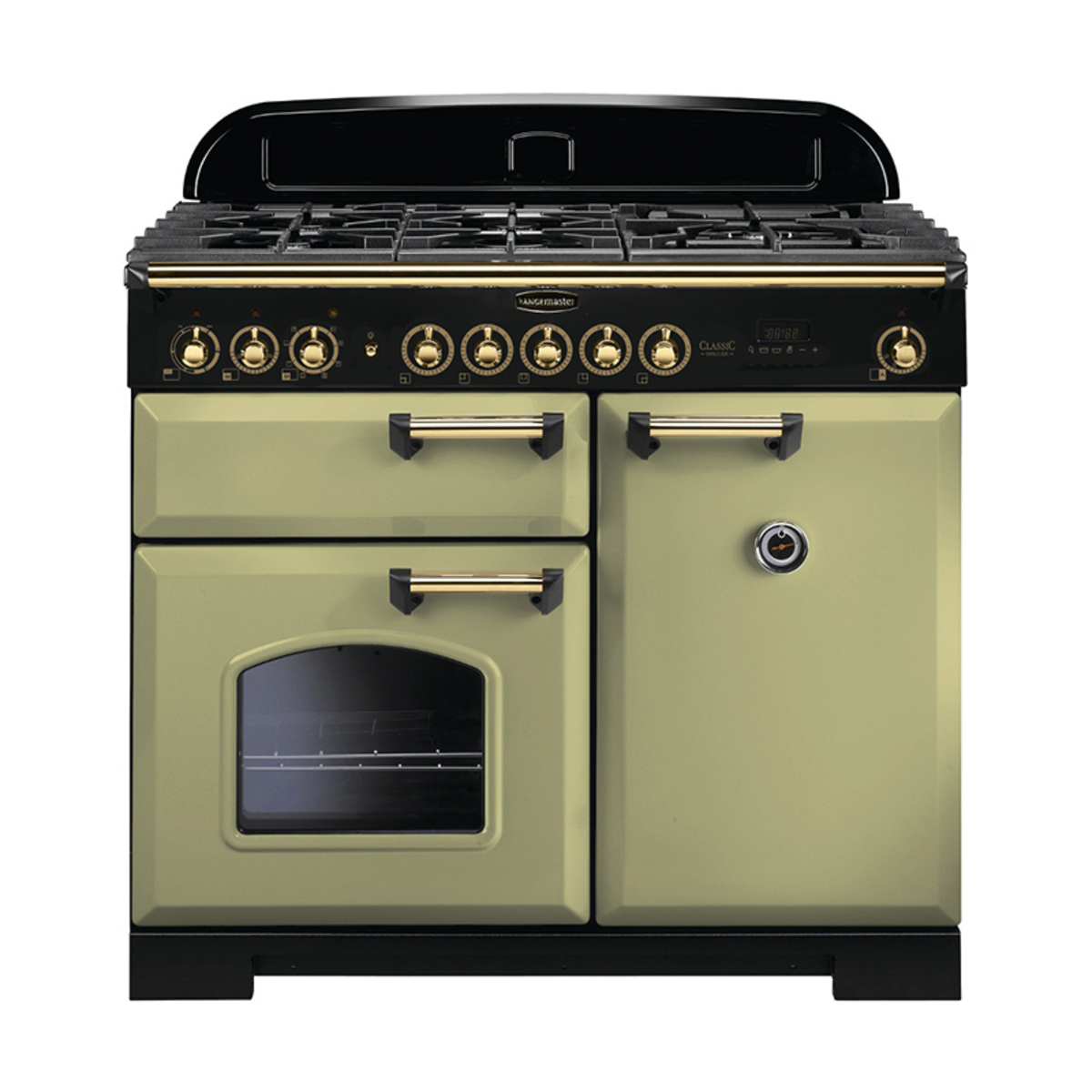 Classic Deluxe 100cm dual fuel range cooker in olive green with brass trim, featuring a black control panel, multiple burners, and an oven with a window.