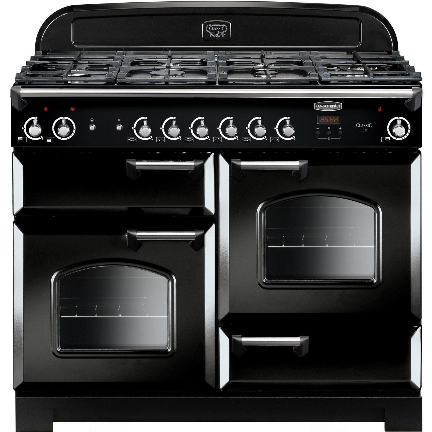 Black 110cm wide Rangemaster Classic gas range cooker featuring multiple burners, chrome knobs, two ovens with glass doors, and a digital display.