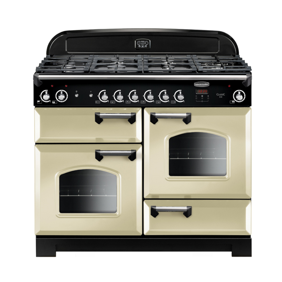 Cream and chrome-trimmed Rangemaster 116670 CLASSIC 110cm gas range cooker featuring six burners, two ovens with glass doors, and a black control panel with knobs.