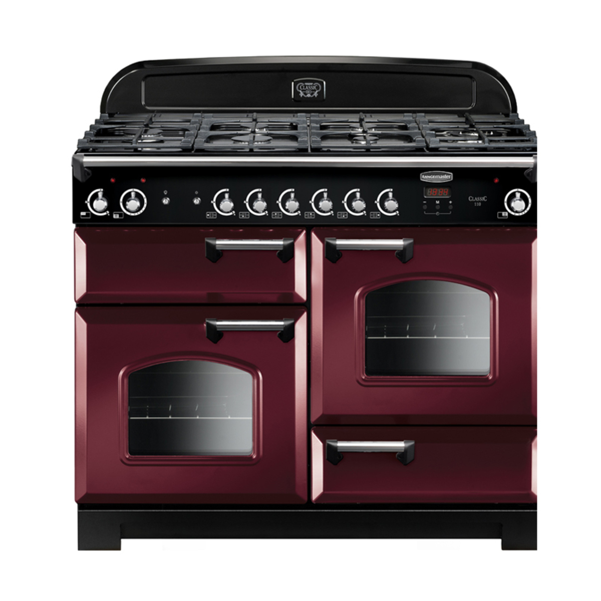 Rangemaster 110cm wide classic gas range cooker in cranberry red, featuring a black control panel, five gas burners, two ovens with glass doors, and chrome knobs.