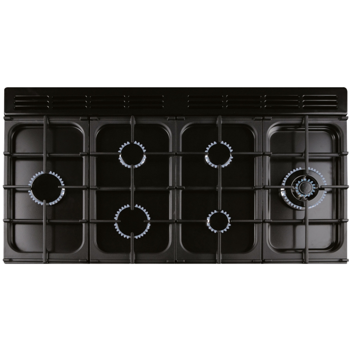 Black gas range cooker with chrome trim, featuring six burners and a sleek, modern design, ideal for stylish kitchens.