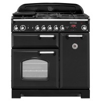 Classic 90cm wide black gas range cooker featuring multiple burners, chrome knobs, a large glass oven door, and a sleek design with a traditional aesthetic.