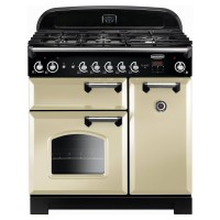 Cream-colored Rangemaster 90cm wide classic gas range cooker featuring a black control panel, five gas burners, two ovens, and chrome accents.