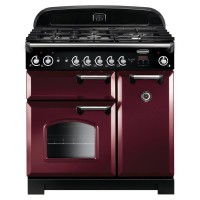 90cm wide Rangemaster Classic gas range cooker in a rich cranberry finish, featuring a black enamel lid, five gas burners, and two ovens with a glass window and chrome accents.