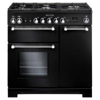 90cm black gas range cooker with five burners, chrome knobs, dual ovens, and a glass window; features a sleek, modern design with stainless steel accents.