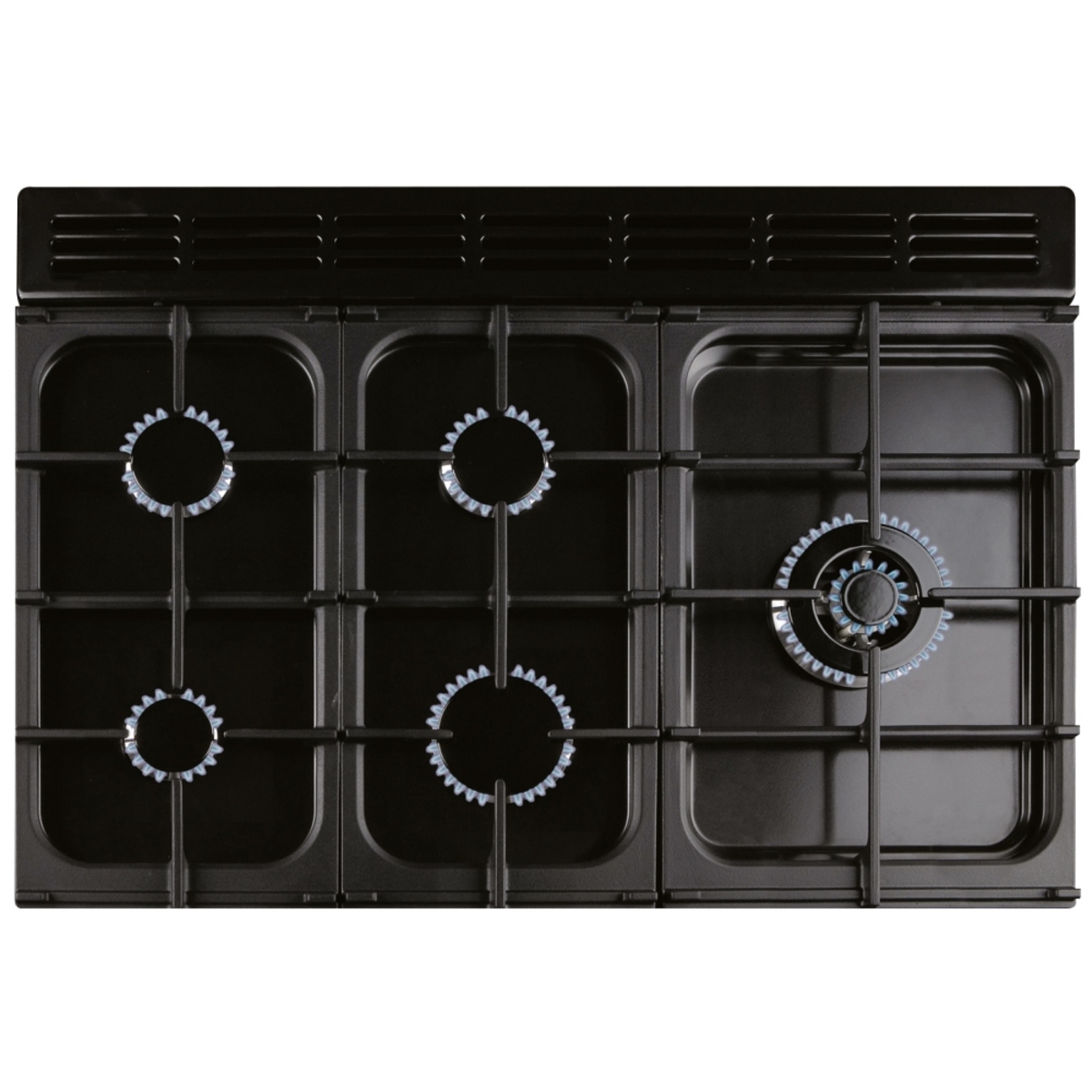 Cream and chrome 116760 KITCHENER 90cm gas range cooker featuring four gas burners with blue flame indicators and a sleek black enamel finish.