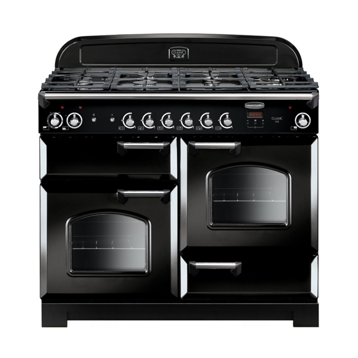 Classic 110cm dual fuel range cooker in sleek black finish, featuring a gas hob with seven burners, two large ovens with glass doors, and chrome accents for a stylish look.