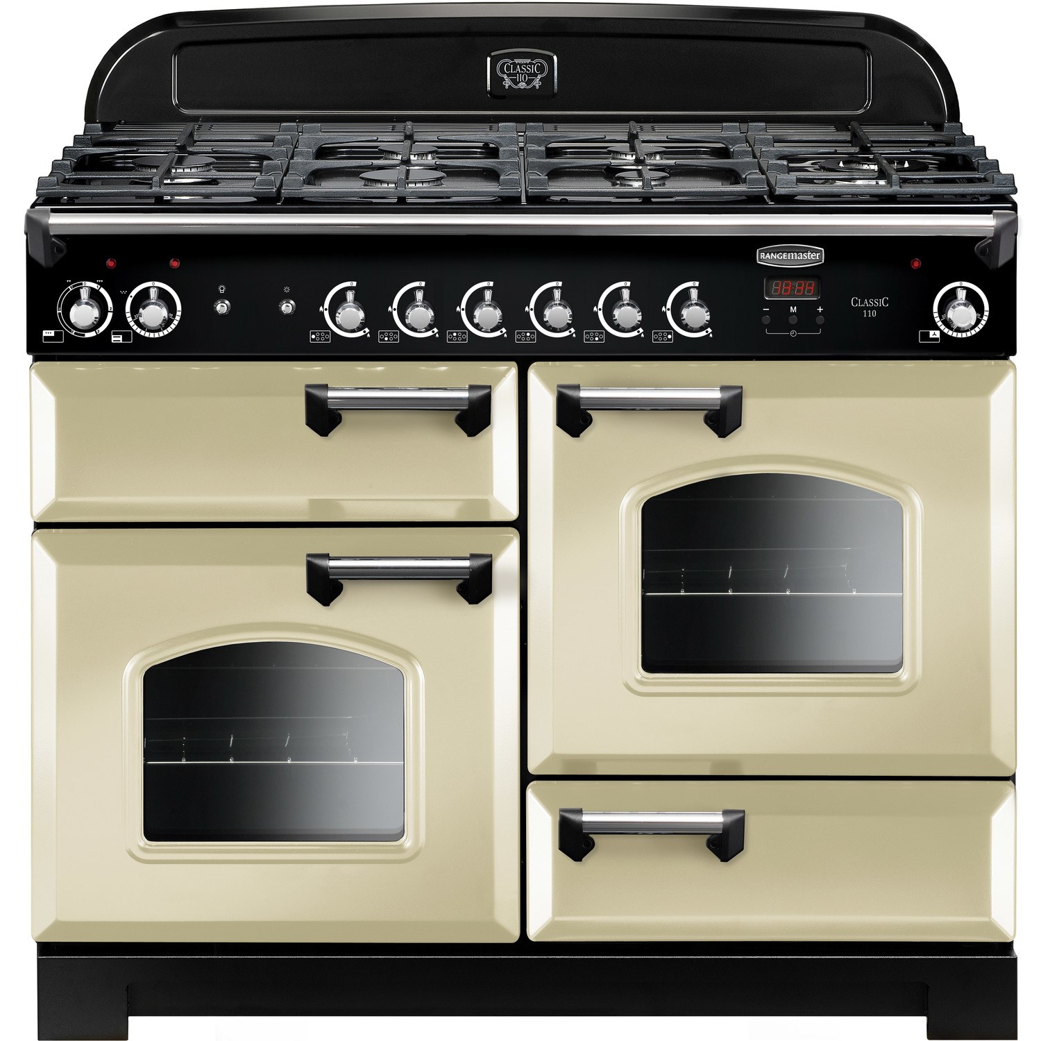 Cream-colored Rangemaster 110cm wide dual fuel range cooker featuring a black control panel, five gas burners, and two glass-fronted ovens with chrome handles.