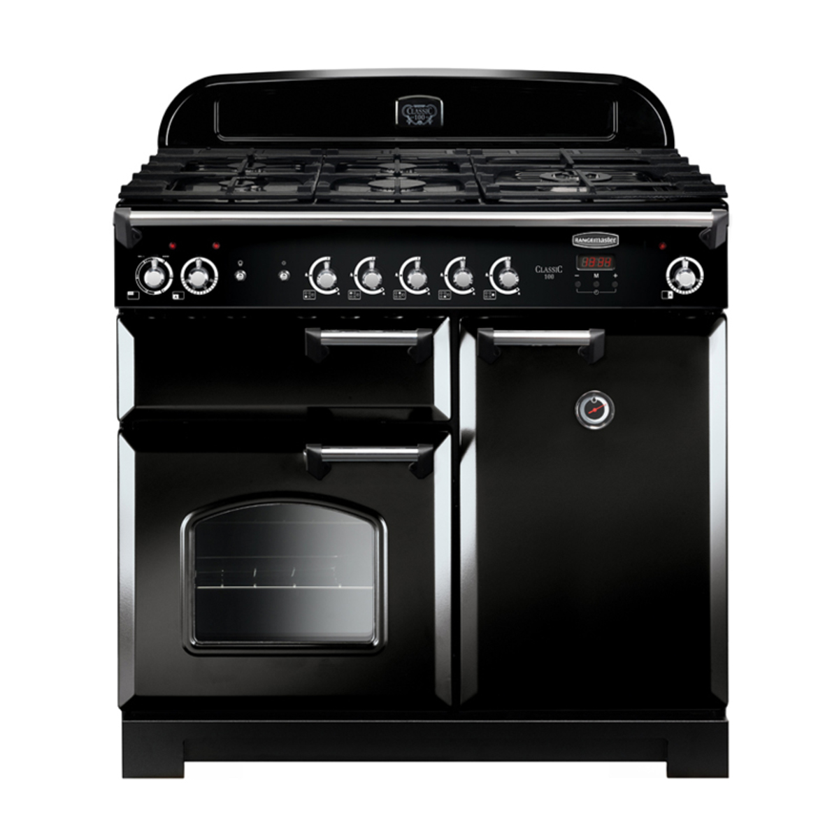 Classic 100cm dual fuel range cooker in black with chrome trim, featuring six gas burners, dual ovens, and a sleek control panel with knobs and digital display.