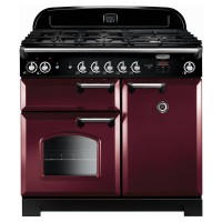 Classic 100cm dual fuel range cooker in cranberry with chrome trim, featuring a gas hob, oven door with window, and control knobs on the front.