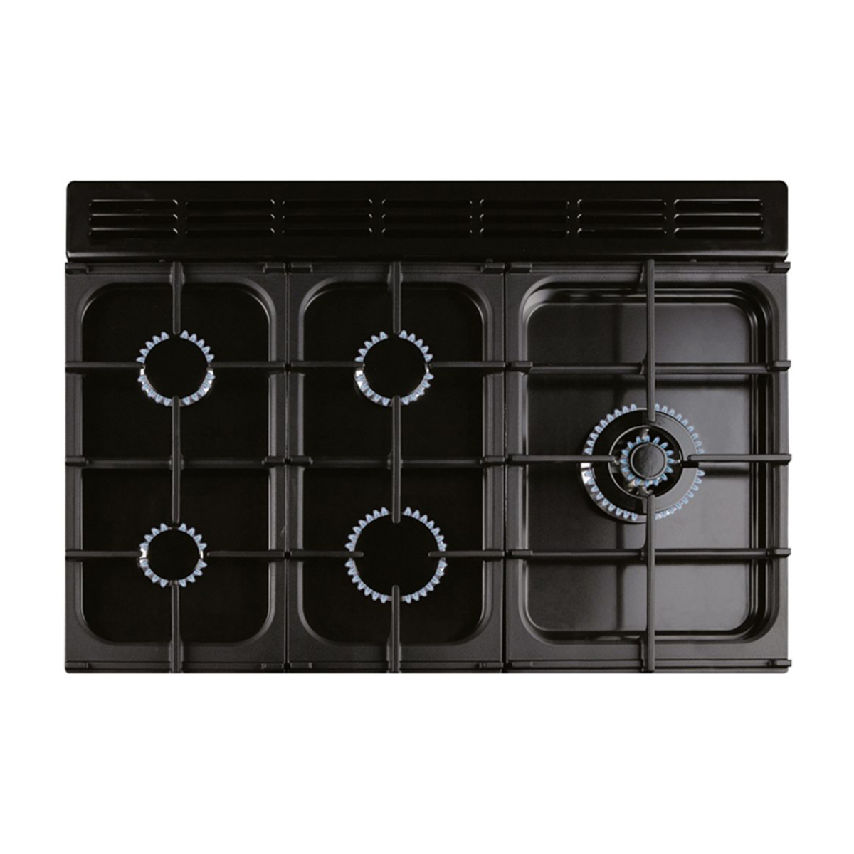 Black and chrome 90cm dual fuel range cooker with five gas burners, featuring a sleek design and sturdy cast iron pan supports.