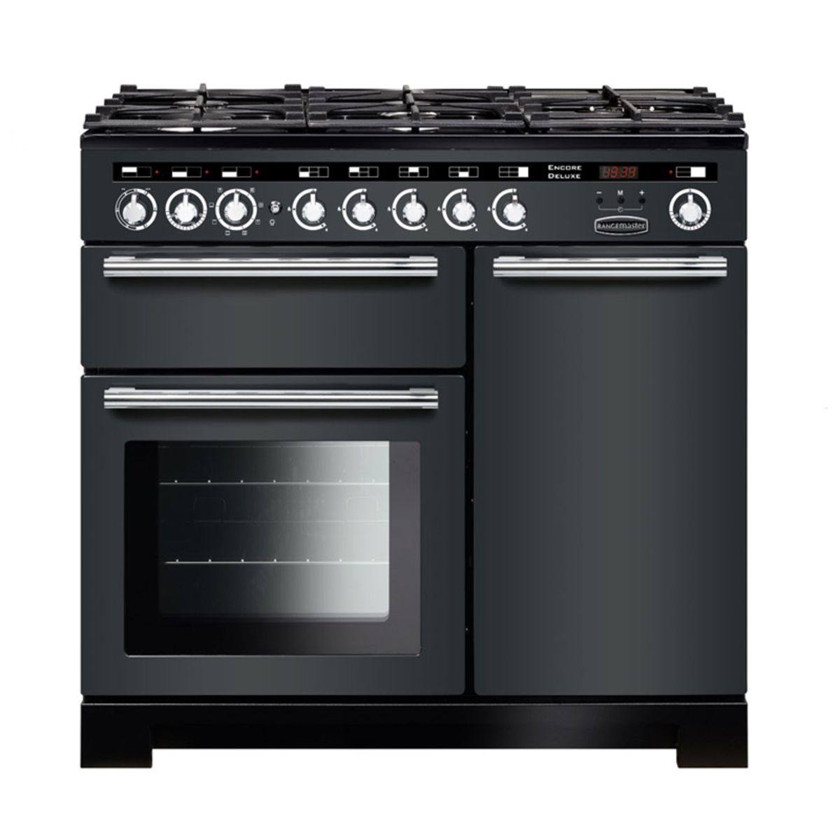 117230 ENCORE Deluxe 100cm dual fuel range cooker in slate with chrome trim, featuring six gas burners, two ovens, and a digital display.