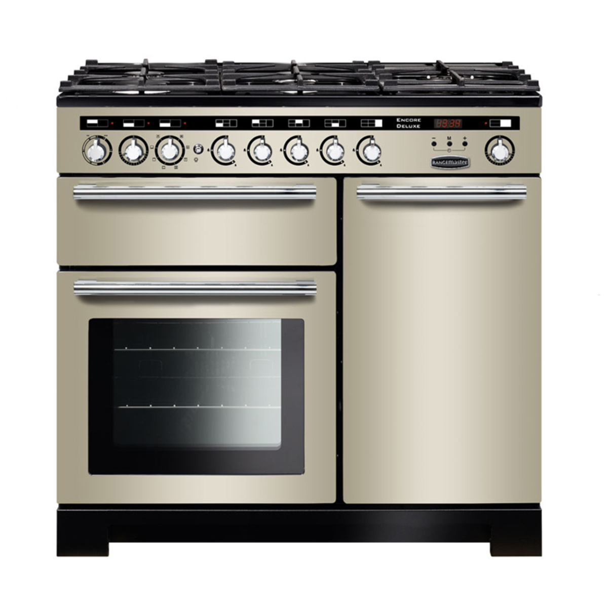117240 ENCORE Deluxe 100cm dual fuel range cooker in ivory with chrome trim, featuring five gas burners, two ovens, and control knobs for precise cooking.