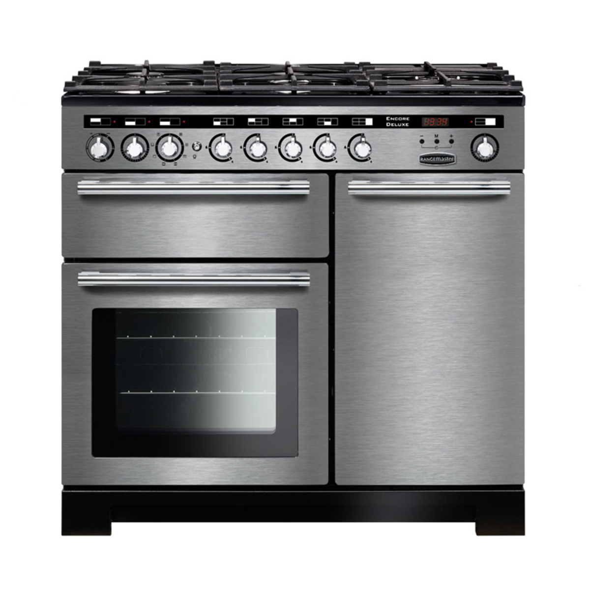 Stainless steel dual fuel range cooker with chrome trim, featuring five gas burners, two ovens, and control knobs on the front, model 117250 ENCORE Deluxe.