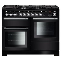 Black and chrome 110cm dual fuel range cooker featuring five gas burners, two large glass-fronted ovens, and chrome control knobs for precise cooking.