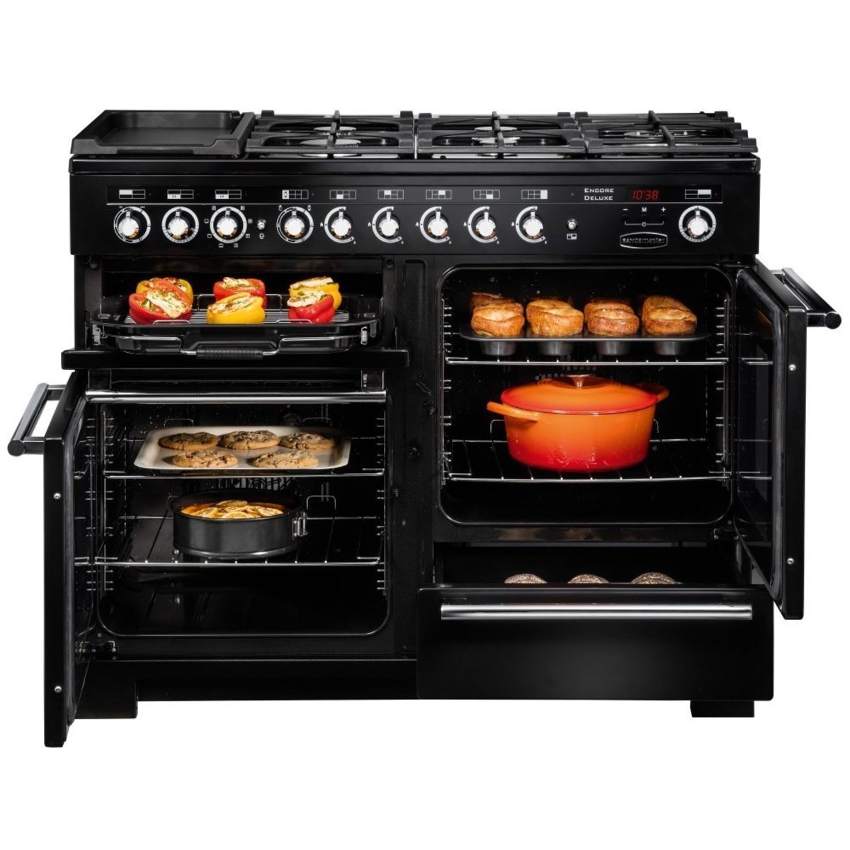Slate-colored dual fuel range cooker with chrome trim, featuring multiple gas burners, two ovens with glass doors, and a storage drawer, showcasing baked goods and a red pot inside.