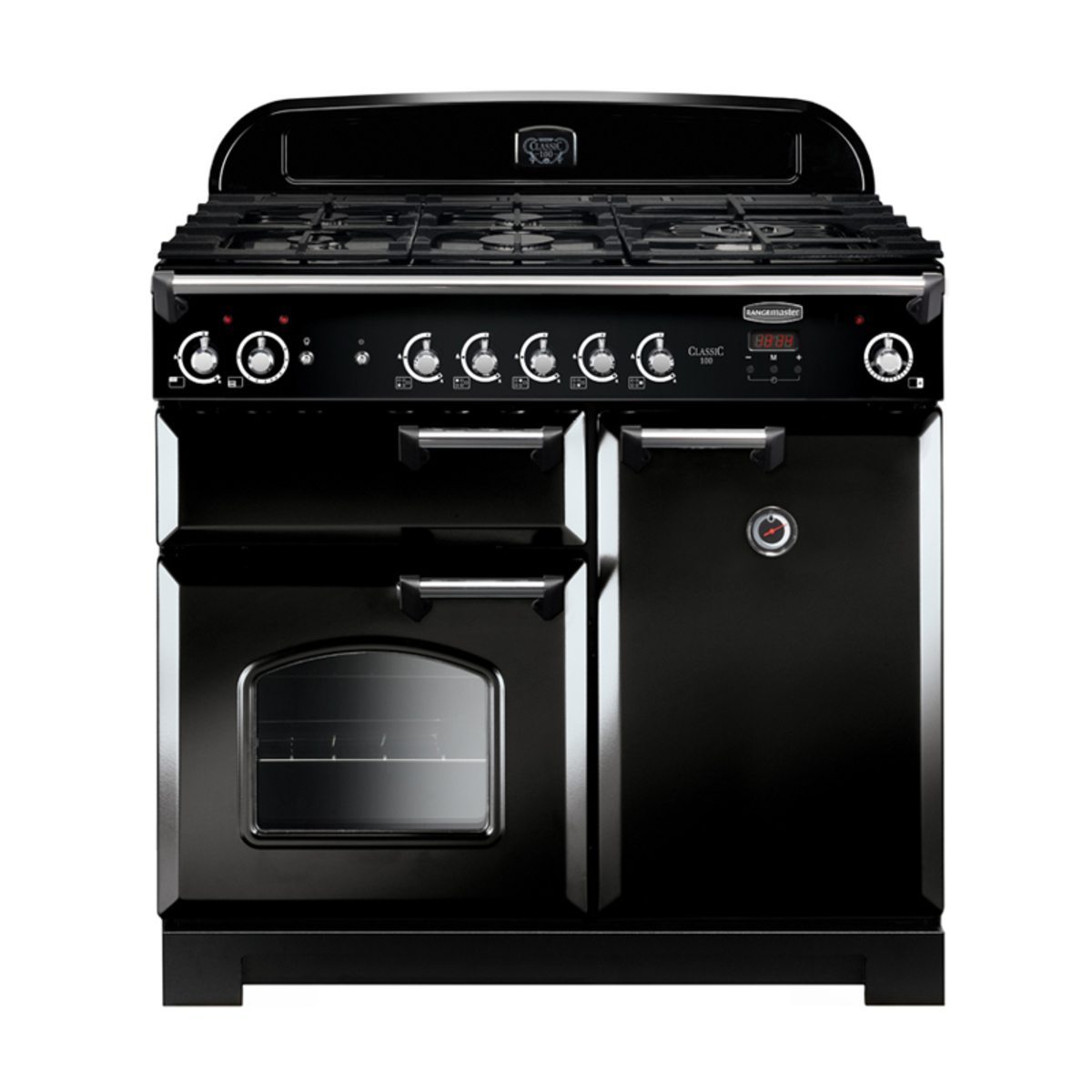 Classic black gas range cooker with a 100cm width, featuring six burners, chrome control knobs, a large oven window, and a stylish design.