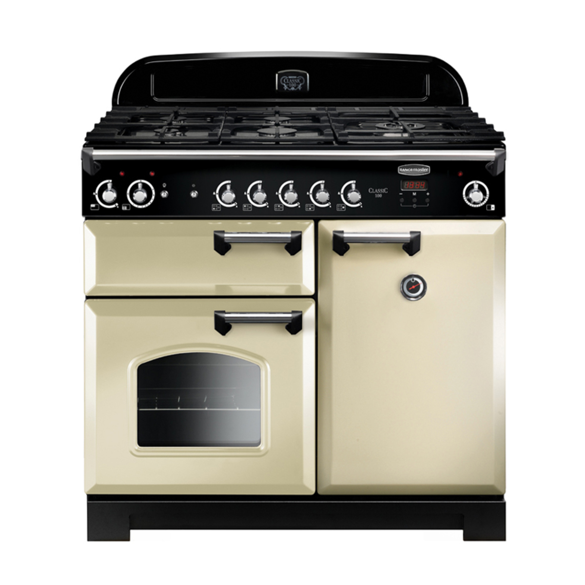 Classic 100cm gas range cooker in cream with chrome trim, featuring six burners, two ovens, and a sleek black control panel.
