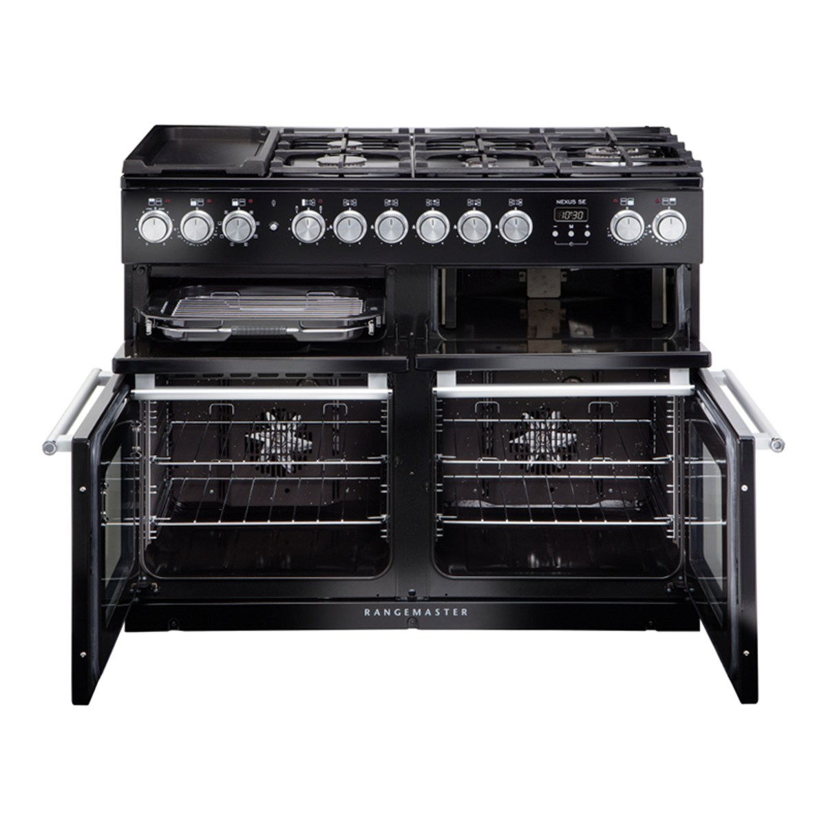 Black dual fuel range cooker with chrome trim, featuring five gas burners, a digital display, and two glass-fronted ovens with wire racks.