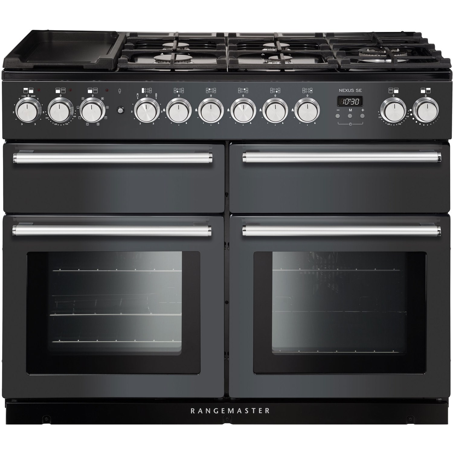 Slate grey dual fuel range cooker with chrome trim, featuring five gas burners, a griddle, and two large ovens with glass doors, all by Rangemaster.