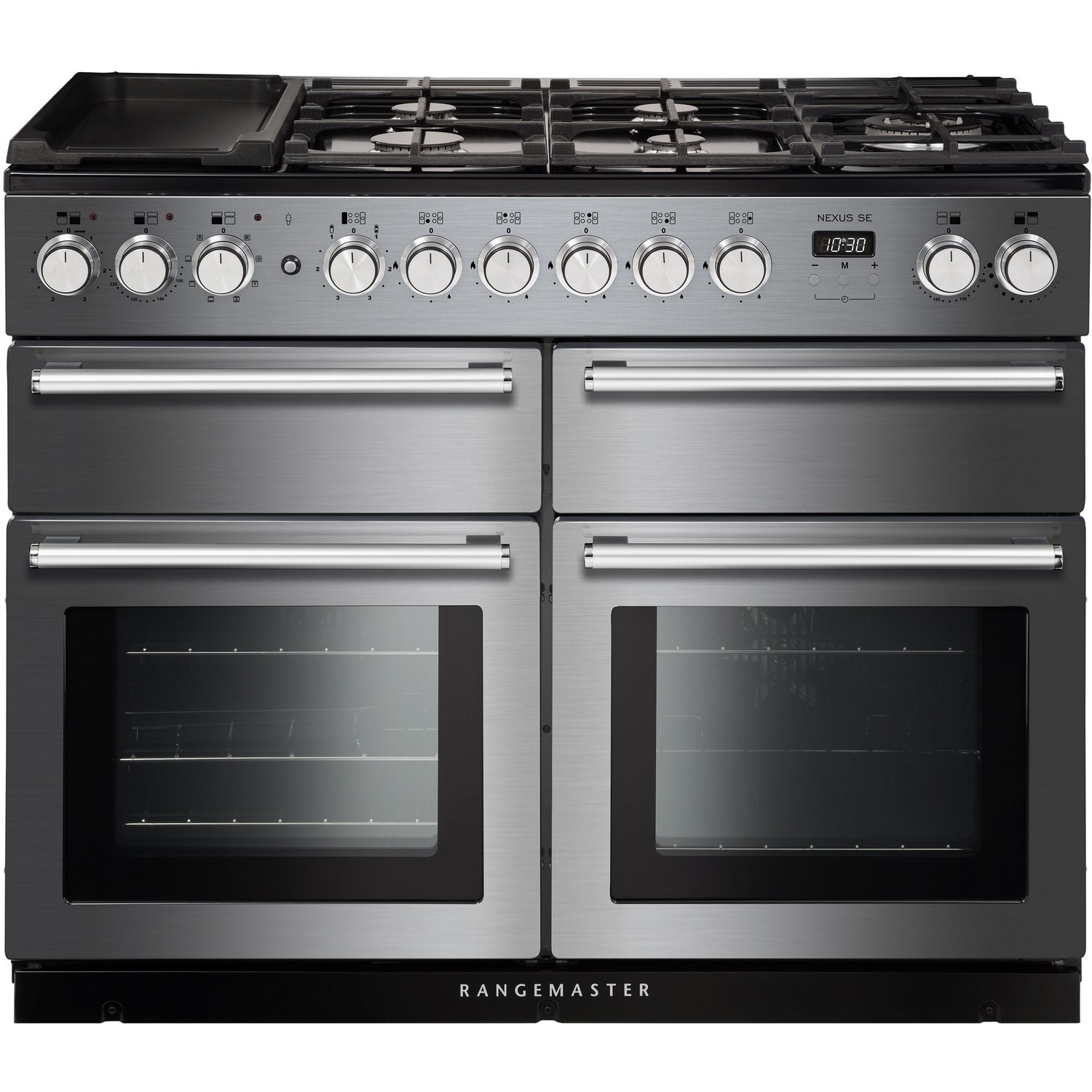118230 NEXUS SE 110cm dual fuel range cooker in charcoal stainless steel with chrome trim, featuring five gas burners, a griddle, and two glass-fronted ovens.