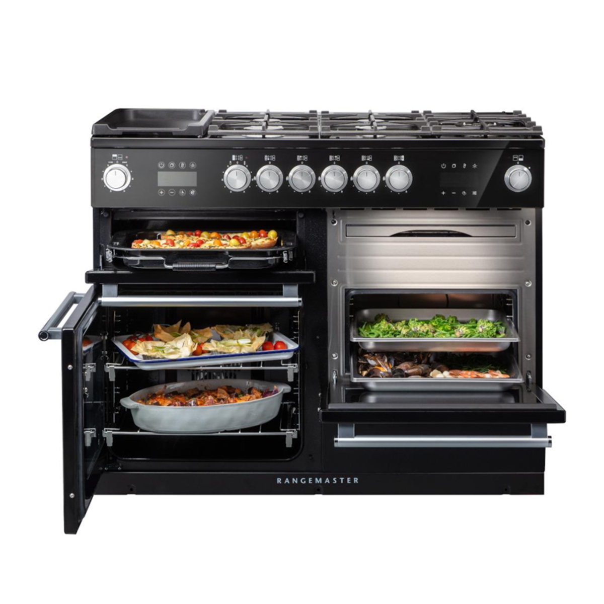 119800 NEXUS Steam 110cm dual fuel range cooker in ivory with chrome trim, featuring five gas burners, two oven compartments, and a sleek black finish with stainless steel accents.