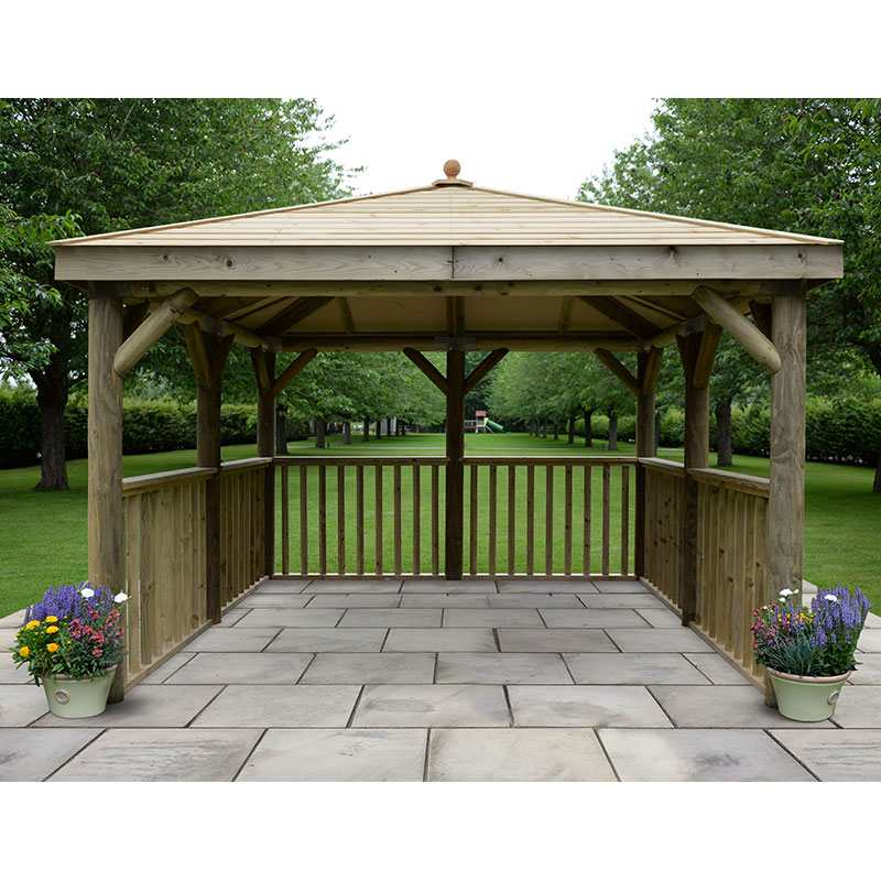 Square wooden gazebo measuring 11'x11', featuring a timber roof, open sides with wooden railings, and potted flowers on either side, set in a green garden landscape.
