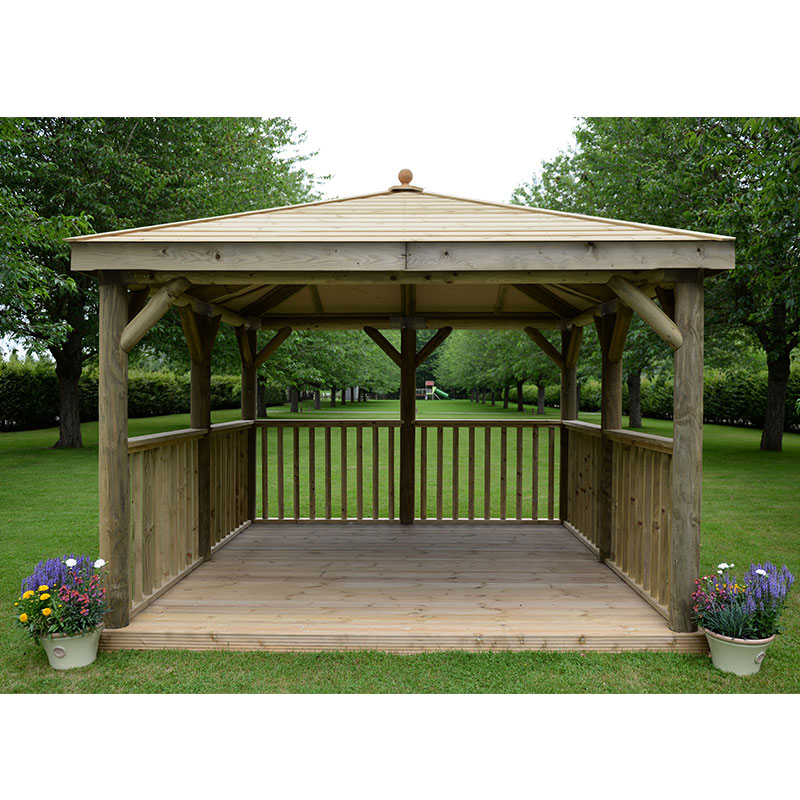 Square wooden garden gazebo measuring 11'x11' with a traditional timber roof, featuring open sides, a wooden floor, and flower pots at the corners, set in a grassy area with trees.