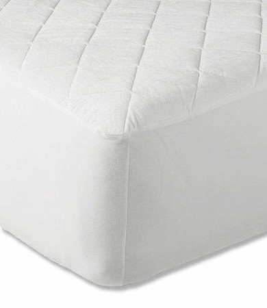 Quilted waterproof mattress protector in white, designed for 12-16" deep mattresses, featuring a soft fabric surface and a snug fit for a 4ft bed.