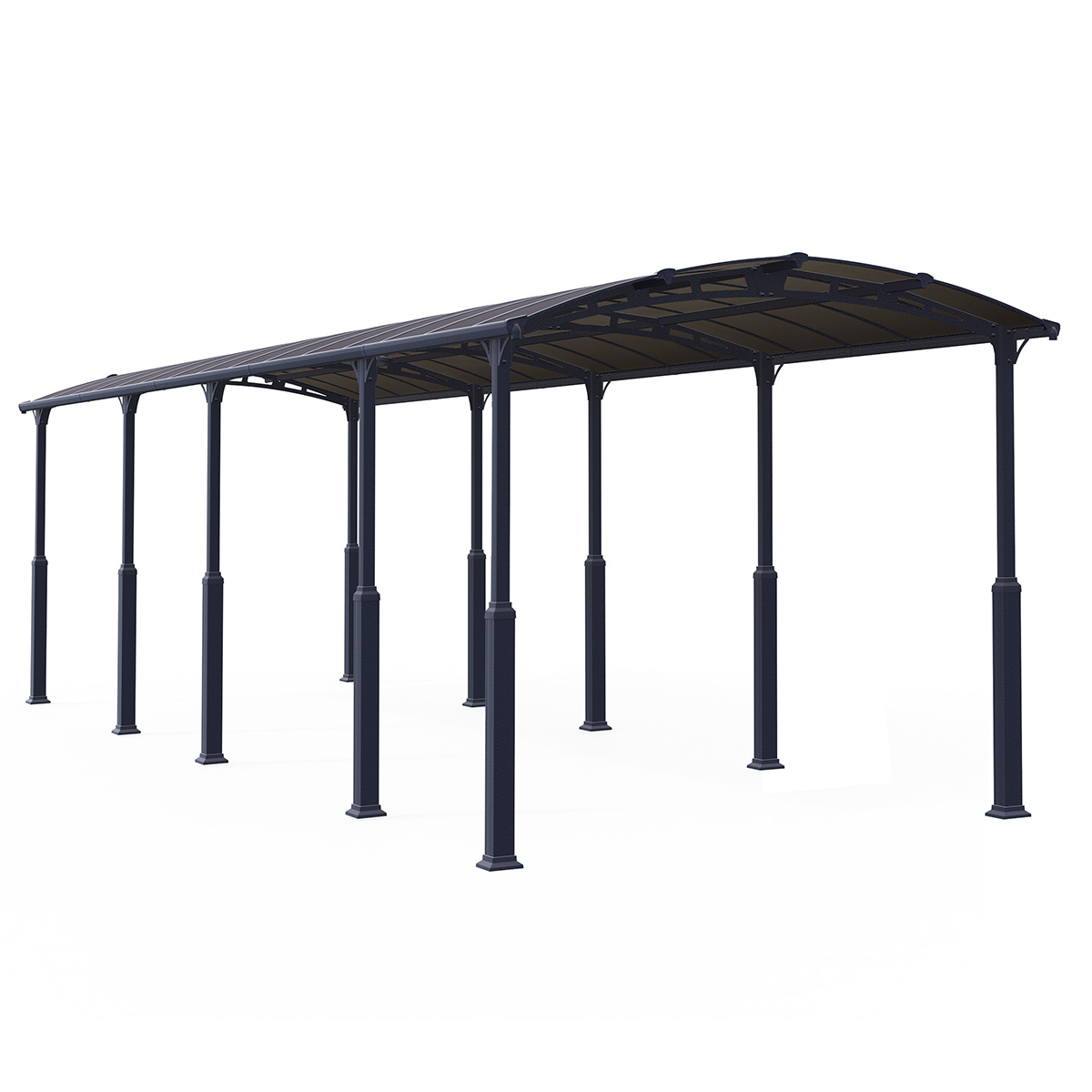Grey metal carport with a curved roof, measuring 12' x 35', featuring sturdy vertical supports and a sleek design suitable for vehicle protection.