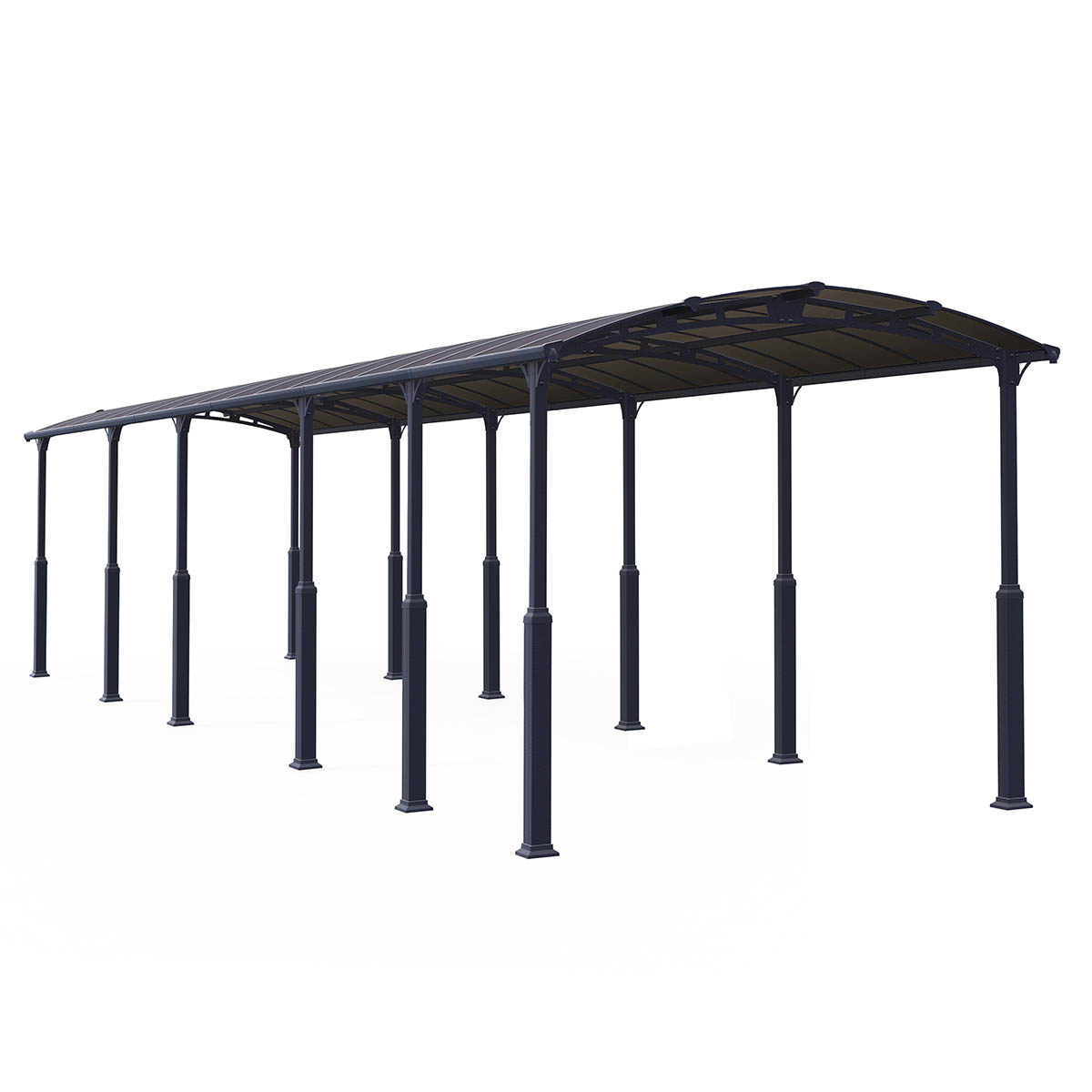 Grey metal carport with a curved roof, measuring 12' x 42', featuring sturdy vertical posts and an open design for vehicle protection.