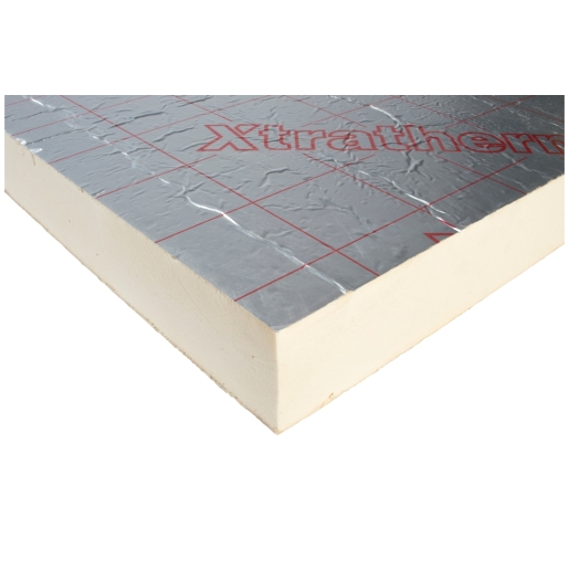 Xtratherm Pitched Roof Insulation Board, measuring 120mm x 2400mm x 1200mm, features a silver reflective surface with red grid lines and a cream-colored foam core.