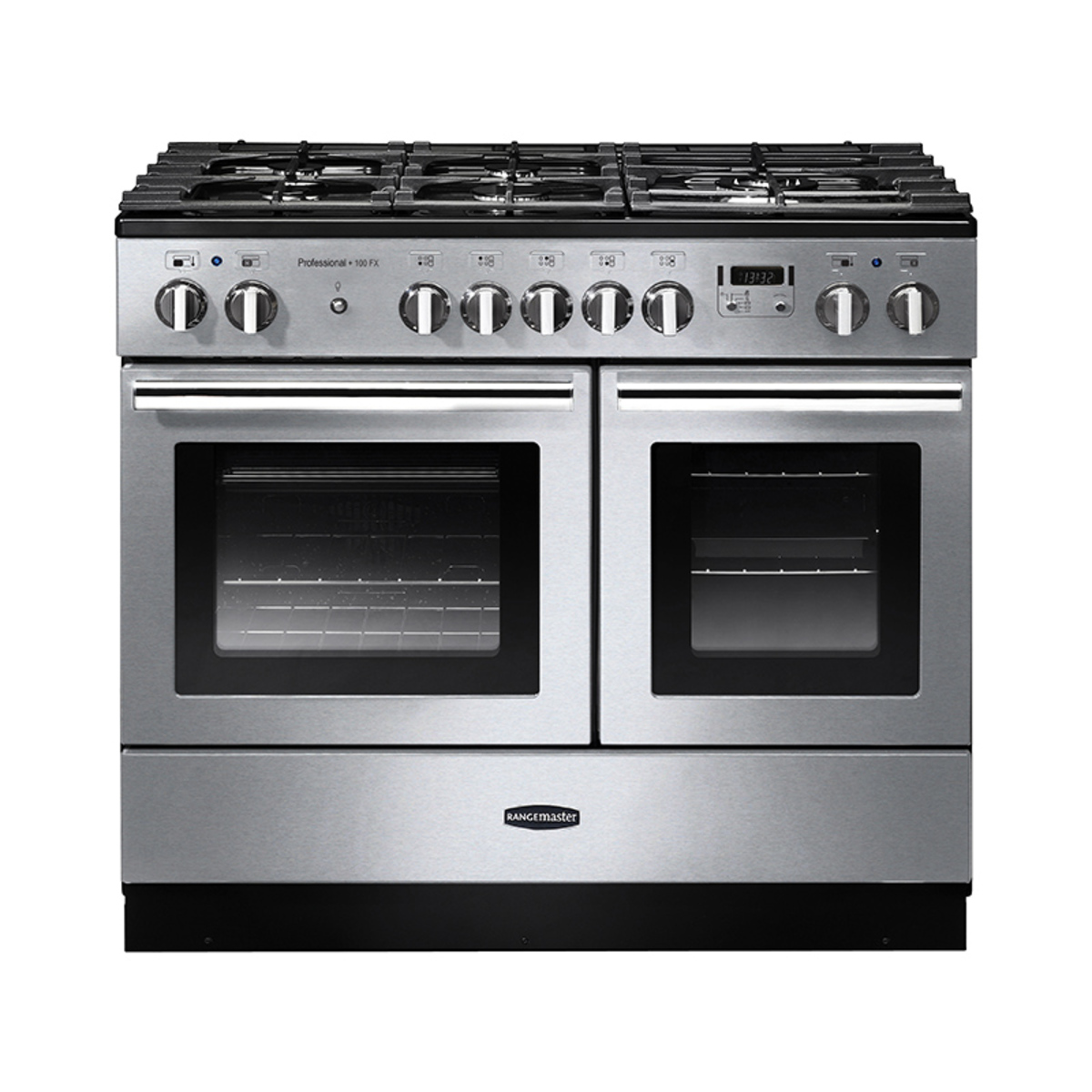 Stainless steel Rangemaster 123340 PROFESSIONAL Plus FX dual fuel range cooker with chrome trim, featuring five gas burners, two large ovens, and control knobs on the front.