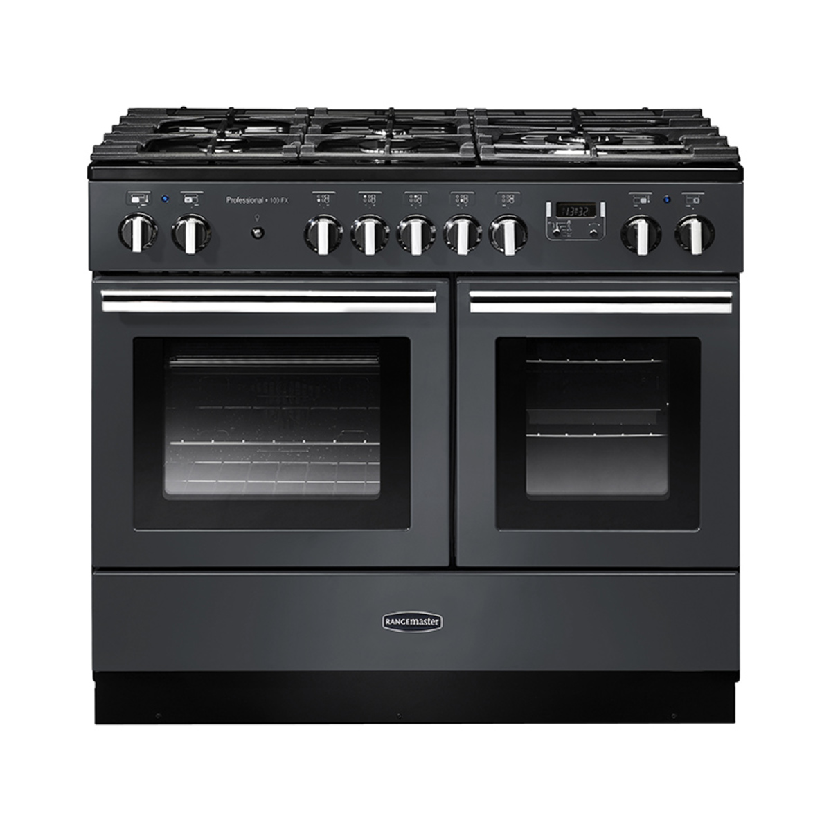 Slate grey Rangemaster PROPL100FXDFFSLC Professional Plus FX 100cm dual fuel range cooker featuring five gas burners, two ovens, and stainless steel accents.