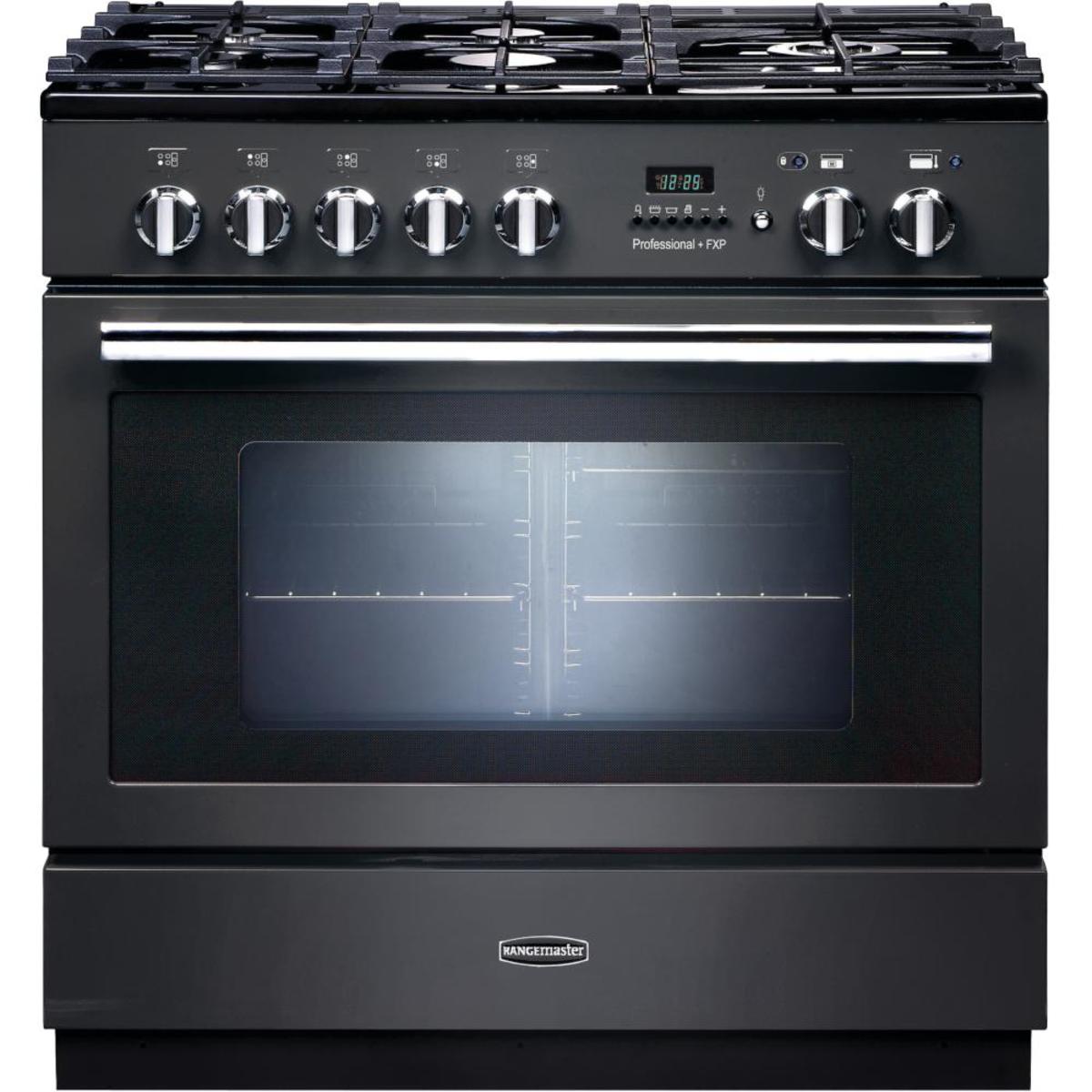 Slate-colored dual fuel range cooker with chrome trim, featuring six gas burners, a large oven window, and control knobs on the front for easy access.