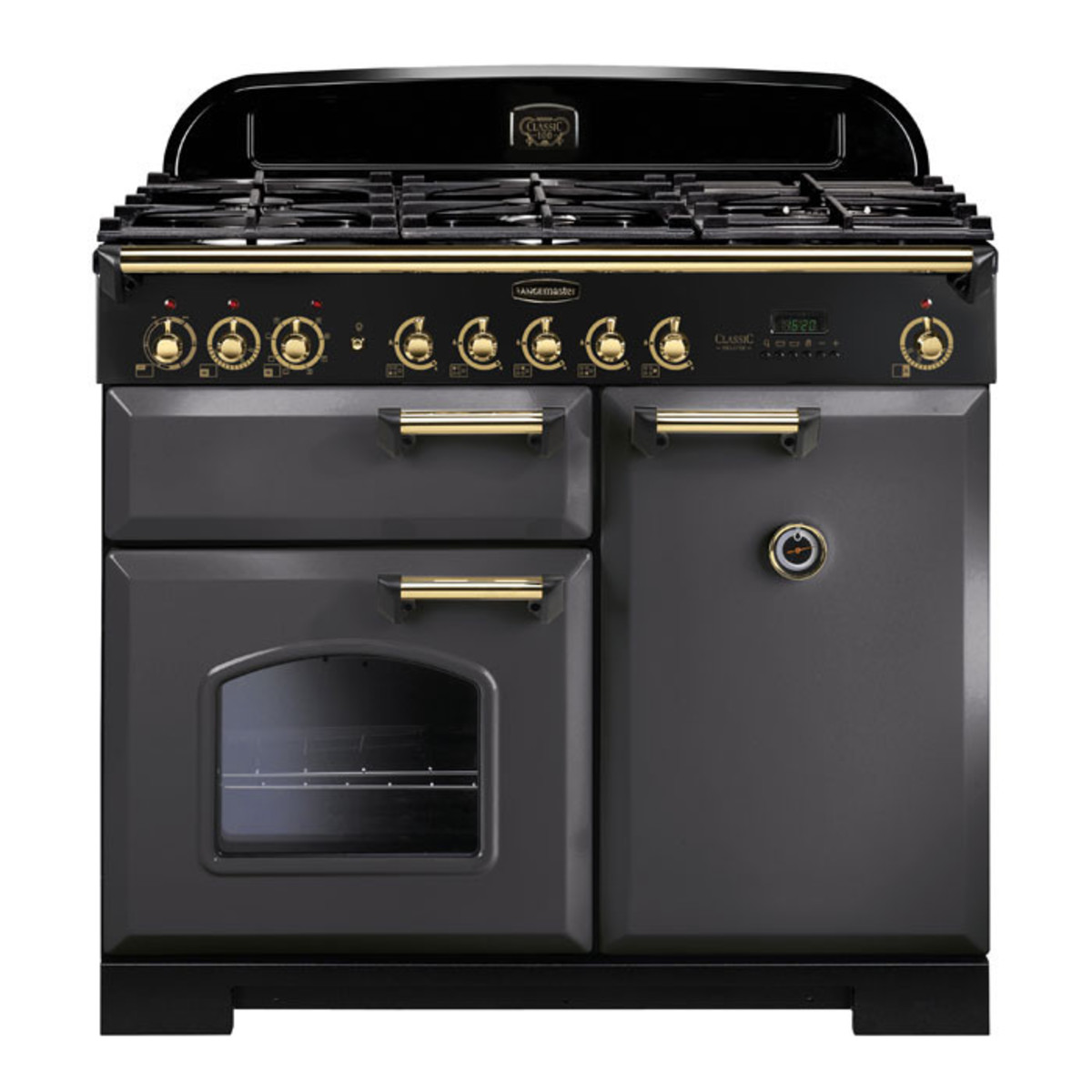 Classic Deluxe 100cm dual fuel range cooker in slate with brass trim, featuring a gas hob, multiple knobs, an oven window, and a digital display.